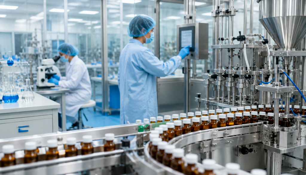 Modern pharmaceutical CDMO manufacturing facility with cleanroom equipment and technicians overseeing pharmaceutical production.