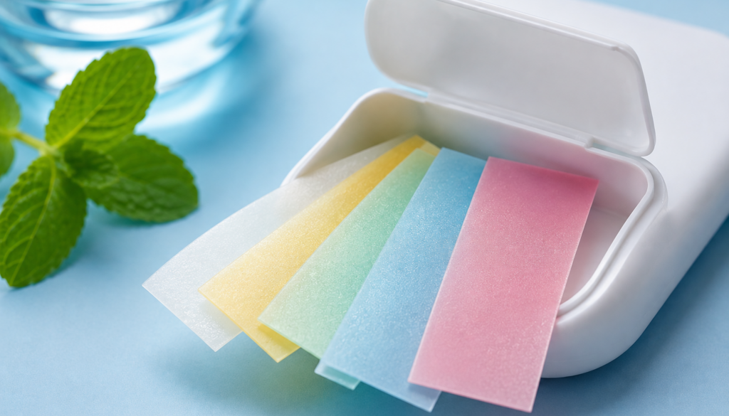 Colorful oral film strips arranged on a clean surface with a modern pharmaceutical presentation.