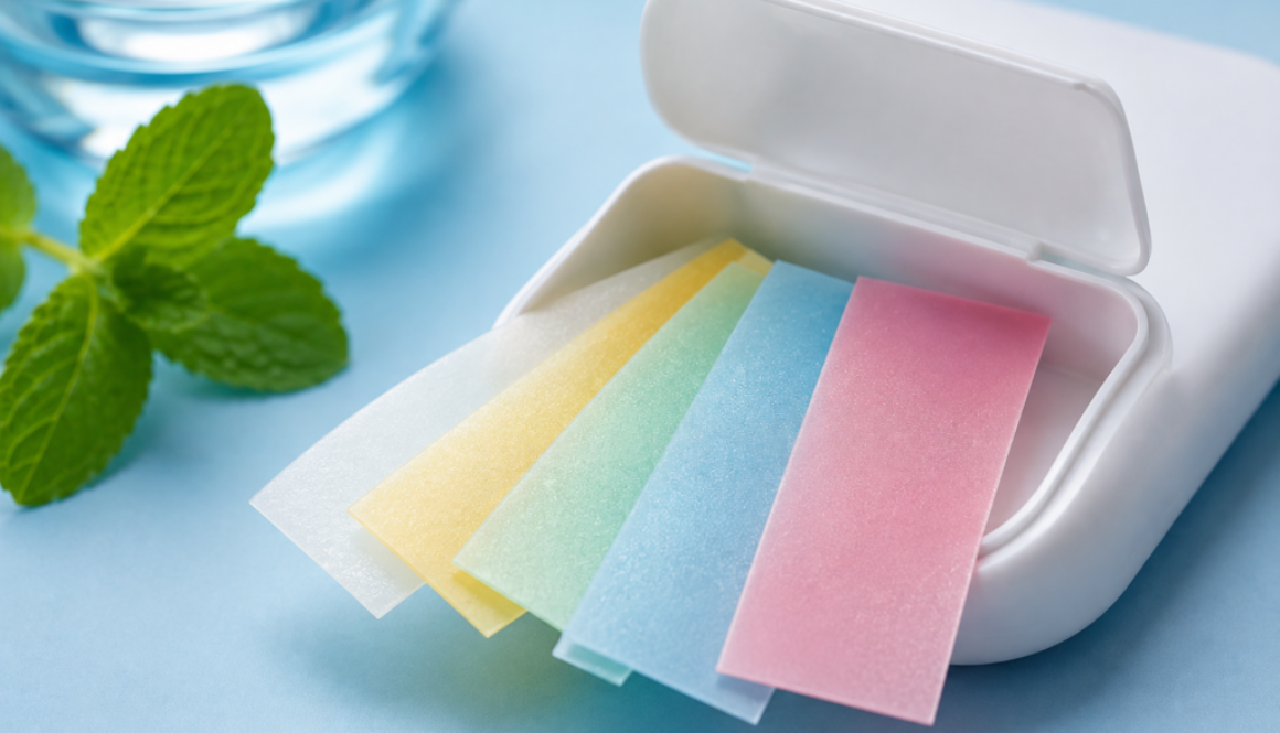 Colorful oral film strips arranged on a clean surface with a modern pharmaceutical presentation.