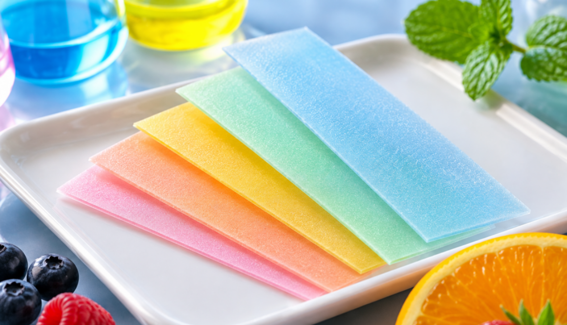 Colorful oral dissolving film strips arranged in a clean modern pharmaceutical setting.