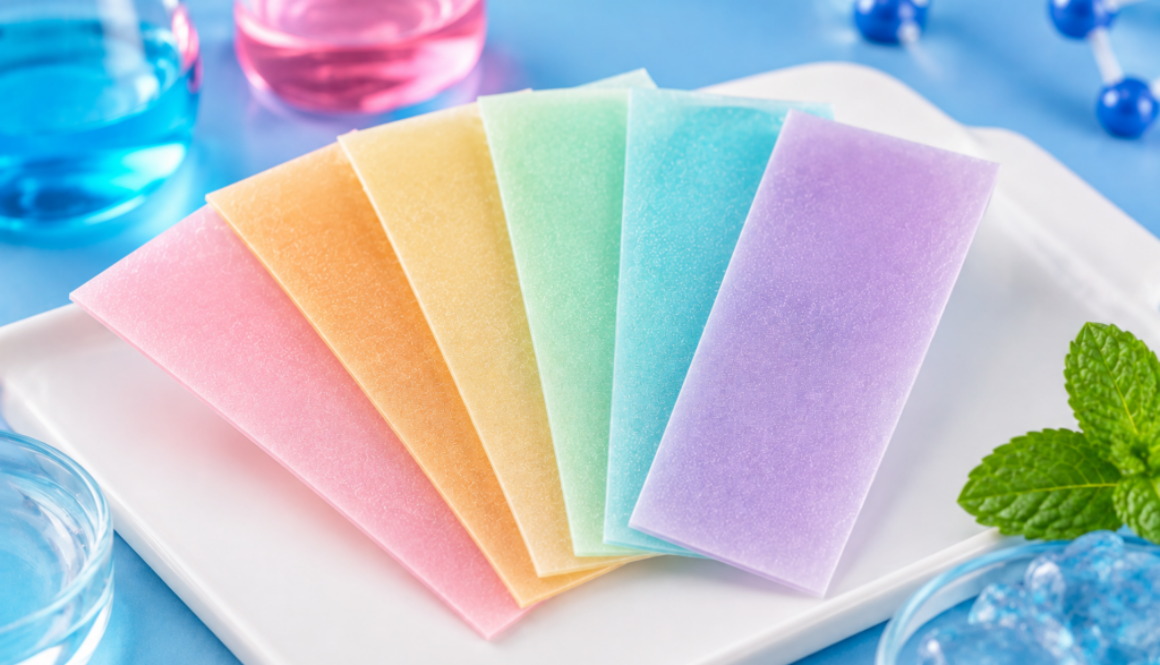 Colorful fast dissolving oral thin film strips arranged in a clean pharmaceutical setting without text or logos.